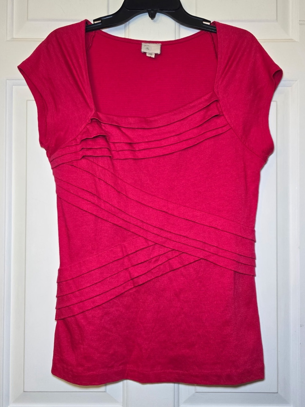 Anthropologie Postmark Pink Criss Cross Pleated Top LARGE Cap Sleev Square Neck
